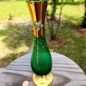 Antique Vintage Moser Bohemian Czech Green  Glass Vase Gold